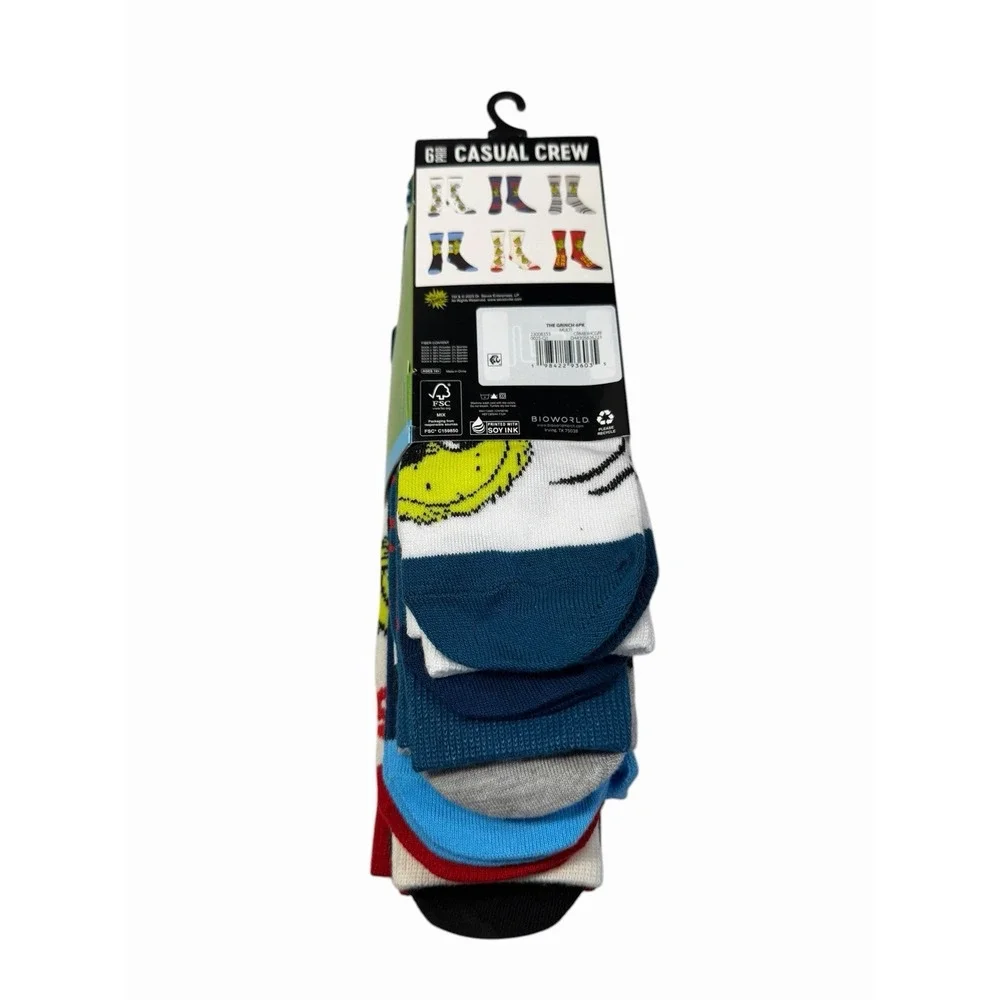 the grinch mens 6 pairs casual crew socks size 8-12 bioworld